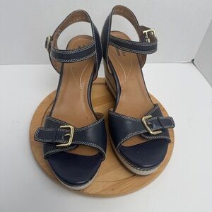 Clarks Collection Zia Castle Black Leather Wedge Ankle Strap Sandal Women Sz 10M